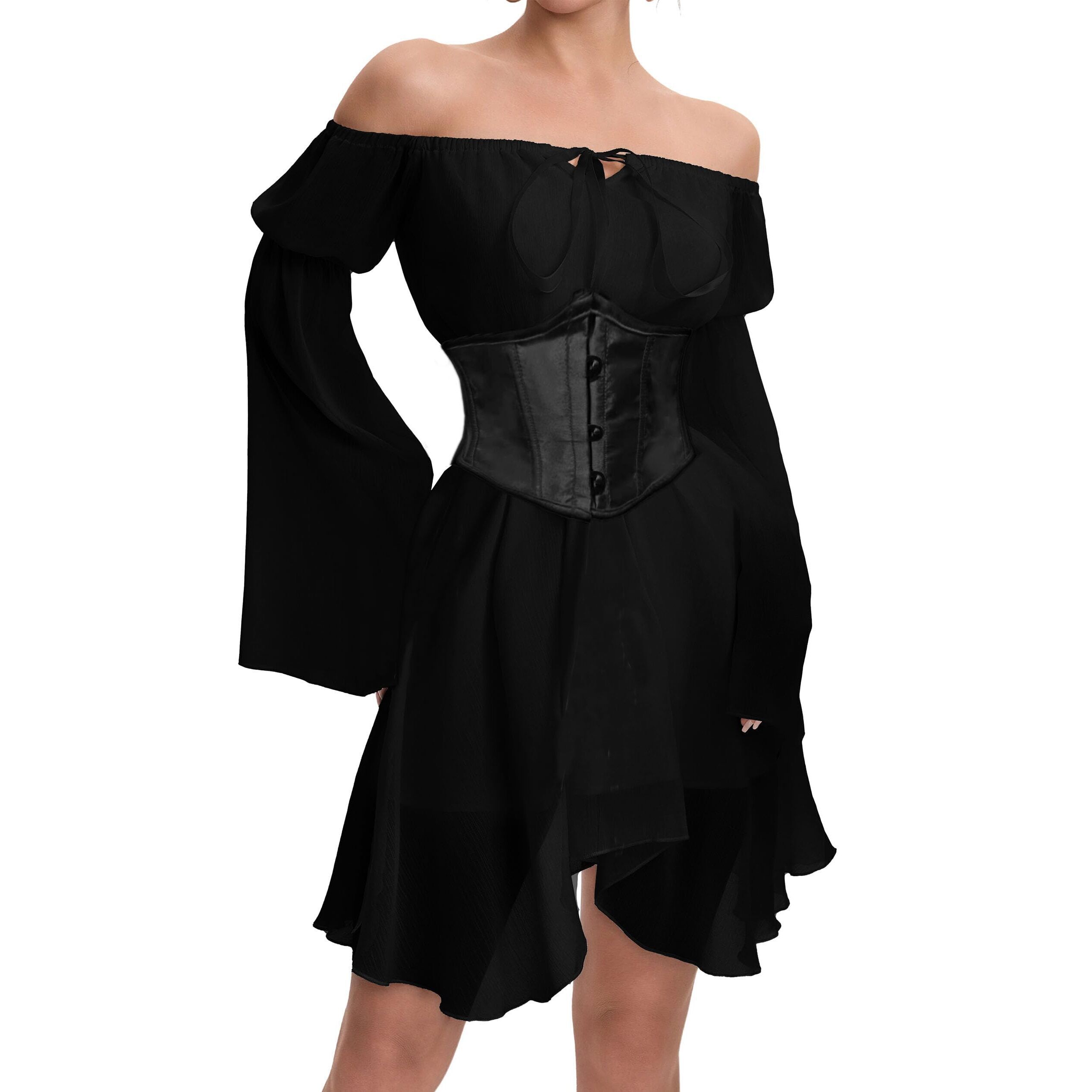 9446 Two Piece Set Off Shoulder Bell Sleeve Lace Up Satin Bustier Vintage